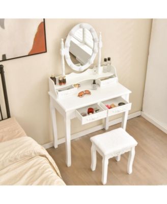 2-Pc MDF 4 Drawers & Dual-Use Desk Makeup Dressing Table with LED Touch Mirror & Cushioned Stool