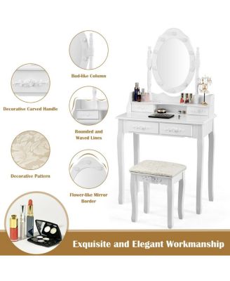 2-Pc. MDF Dimmable Bulb Lighted Vanity Dressing Table Set with Cushioned Stool