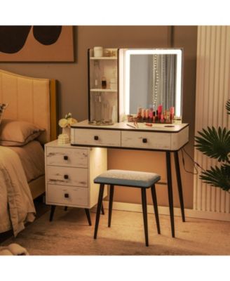 2Pc MDF And Stell Lighted Mirror Vanity Makeup Table Set