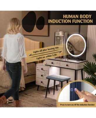 2-Pc. MDF 3-Color Lighted Mirror Vanity Table Set with Cushioned Stool