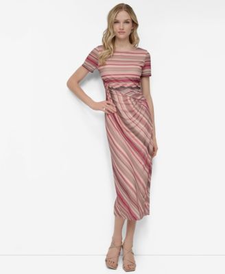 DKNY - Women's Mesh Striped Side-Knot Boat-Neck Midi Dress