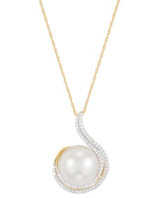 Ming Pearl (11mm) & Diamond (1/4 ct. t.w.) Swirl 18" Pendant Necklace in 14k Gold