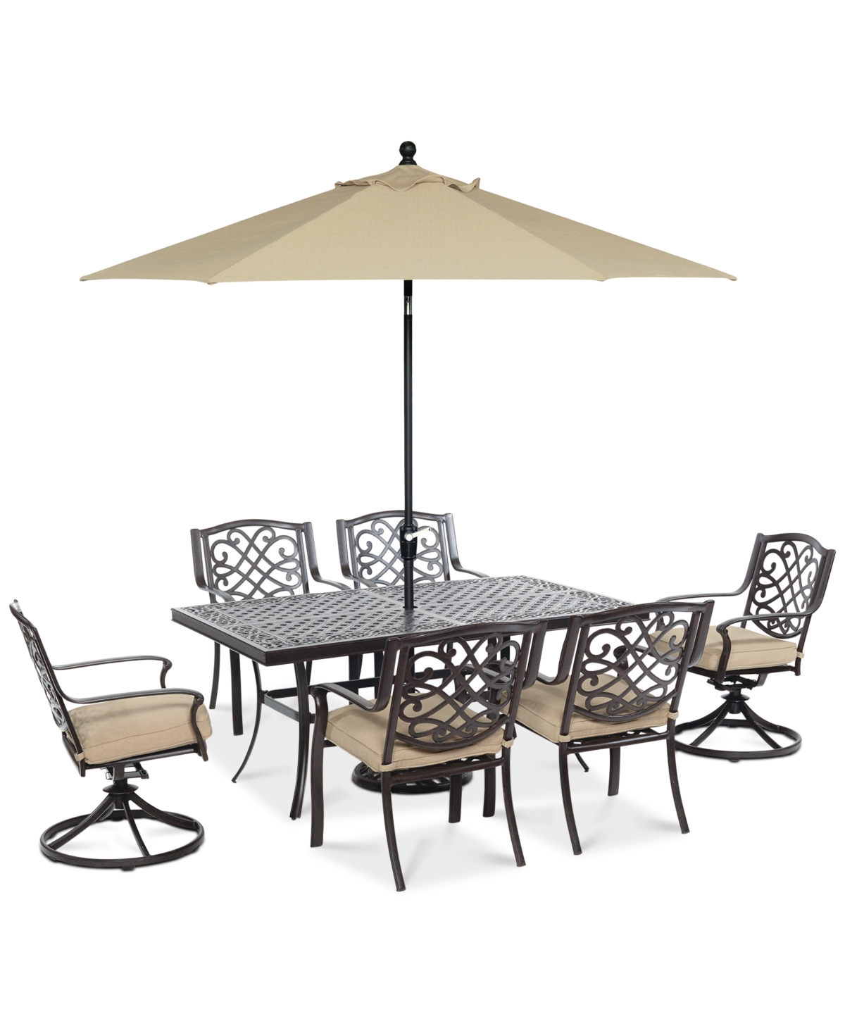Agio Park Gate Outdoor Cast Aluminum 7-pc. Dining Set (68" X 38" Dining Table, 4 Dining Chairs And 2 Swiv In Merril Cornstalk