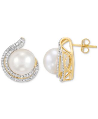 Honora - Cultured Freshwater Pearl (9 - 9-1/2mm) & Diamond (1/3 ct. t.w.) Stud Earrings in 14k Yellow Gold