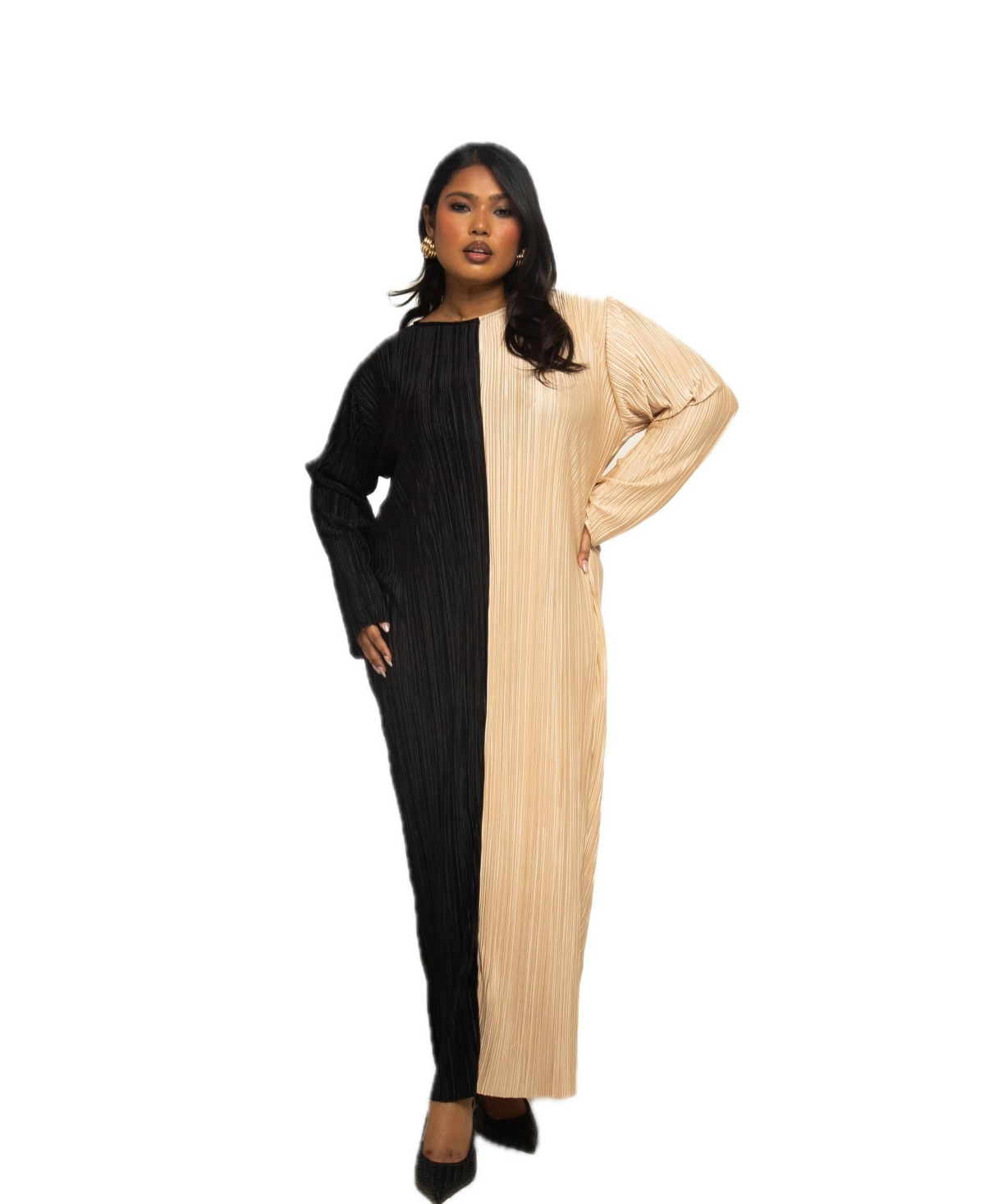 Plus Size Long Sleeve Colour block Midaxi Dress - Black