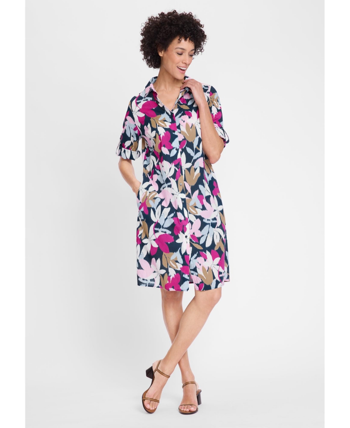 Women's Leaf Print Shirt Dress - True navy