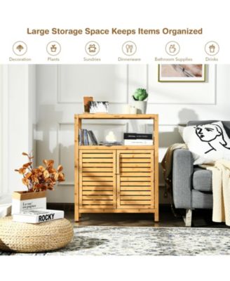 1-Pc Bamboo Floor Cabinet with Double Slatted Doors, Open Shelf and Removable Shelf