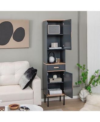 Free-Standing Bathroom Cabinet Narrow Linen with Doors and Drawer