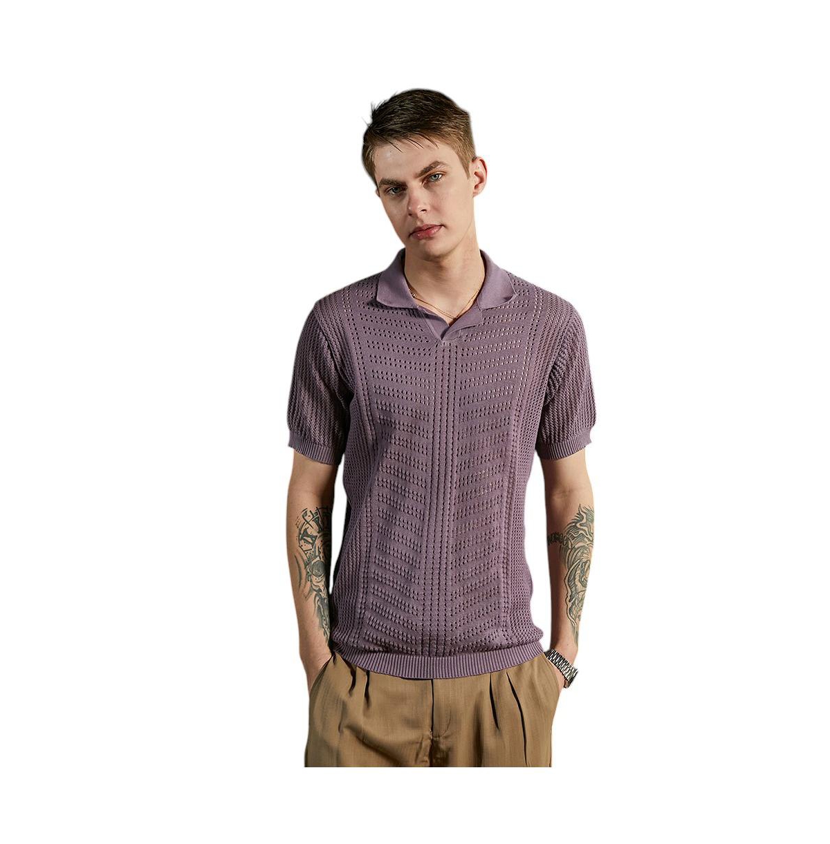 Men's Mauve Purple Stripe-Textured Polo T-Shirt - Purple
