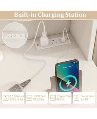 Vanity Set with Lighted Mirror and Stool with Power Outlet