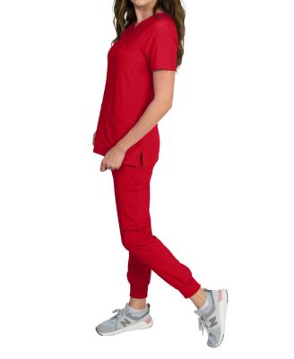 Women's Stretch Scrub Set with Zip Chest Pocket Top and Knit Rib Cuffs Jogger Pants
