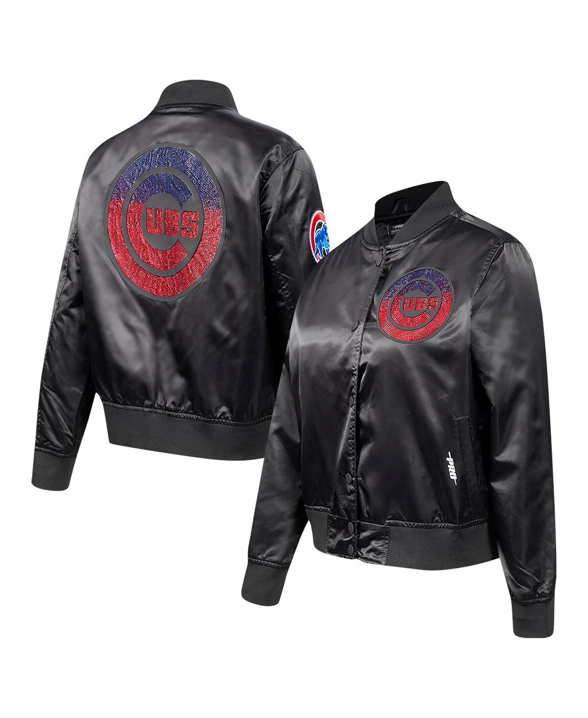 Women's Black Chicago Cubs Rhinestone Satin Full-Snap Jacket - Black