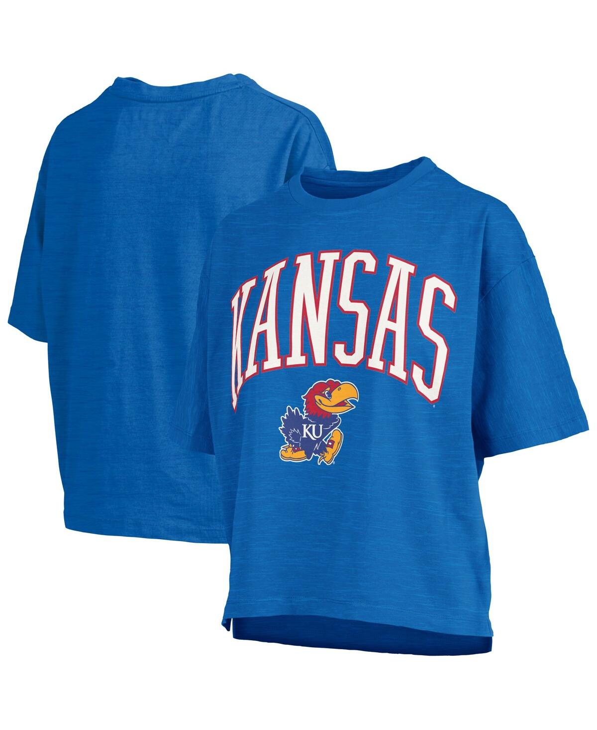 Women's Royal Kansas Jayhawks Nelson Arch Over Logo Waist Length Oversized Slub T-Shirt - Royal