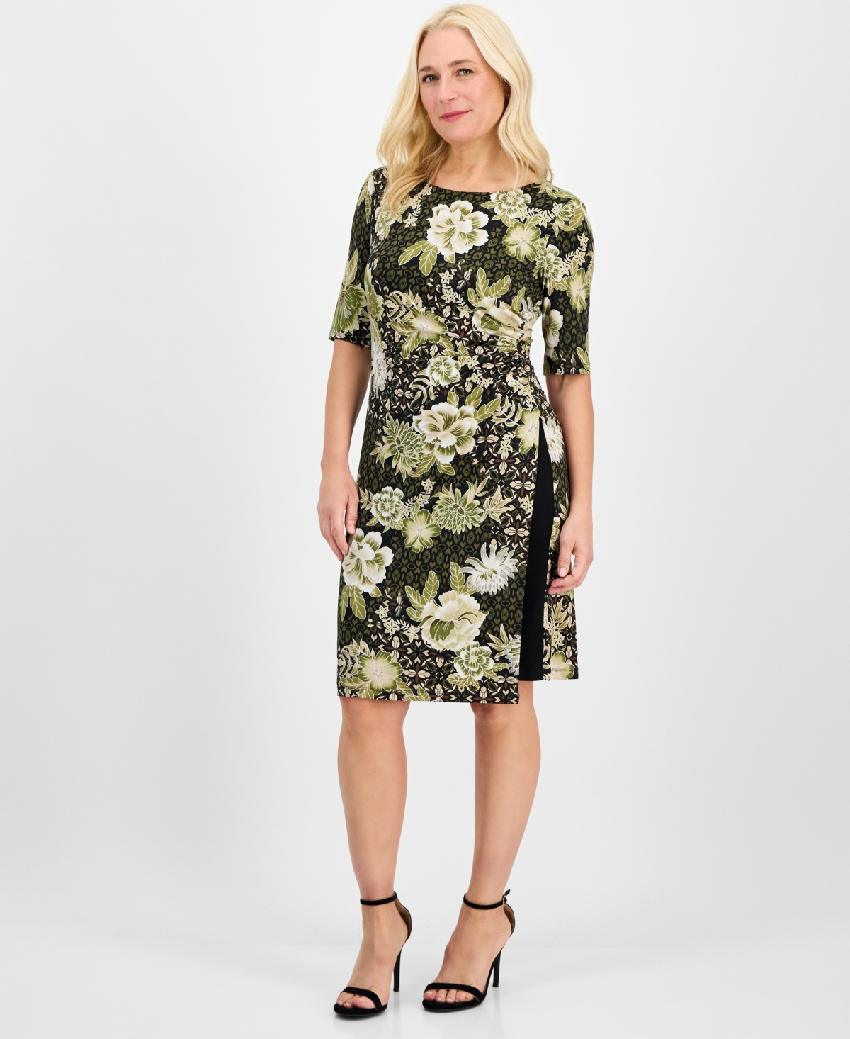 Women's Elbow-Sleeve Side Shirring Midi Dress - Loden Floral Multi