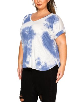 Plus Size Tie Dye V-Neck Rolled Sleeve Dolman T-Shirt