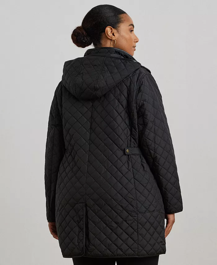Plus Size Hooded Quilted Faux-Suede-Trim Coat - thumbnail 2