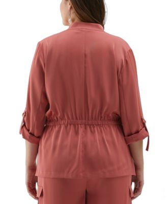 Plus Size Drawcord Waist Shine Roll Sleeve Jacket