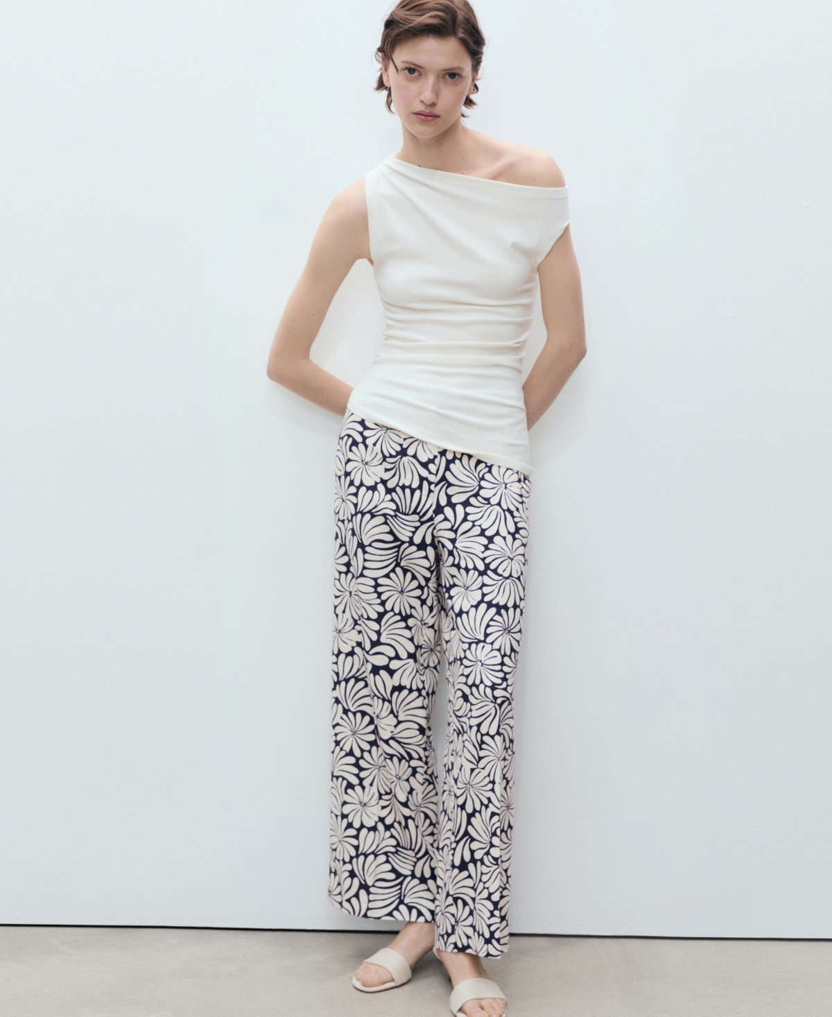 Mango Coco Print Linen Blend Wide Leg Pants In Black