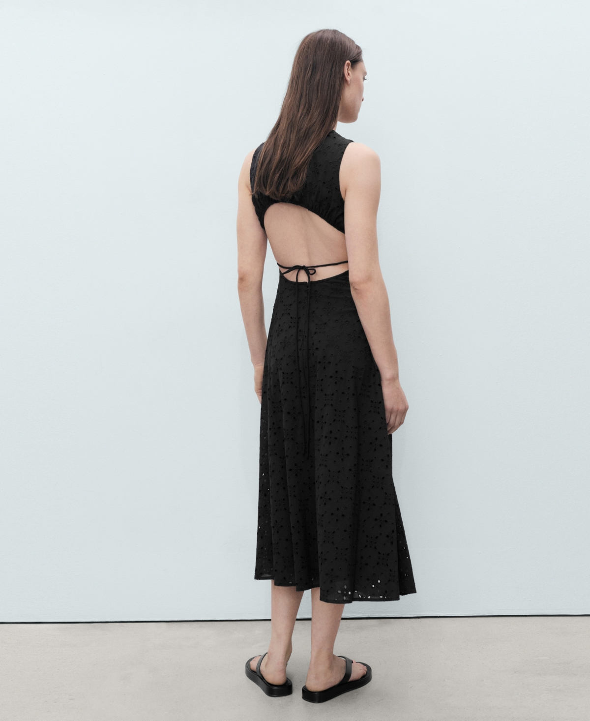 Mango Eyelet Gathered Cinched Waist A Line Dress With Cut Out Back Detail