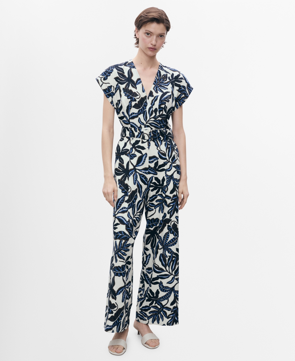 Women's Belt Printed Linen Jumpsuit - Blue