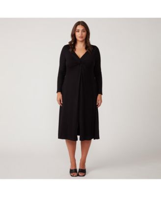 Plus Size Eclipse Black Long Sleeve V-Neck Midi Dress