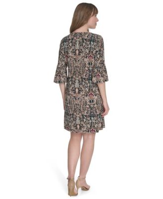 Women's Printed Tie-Neck Shift Dress