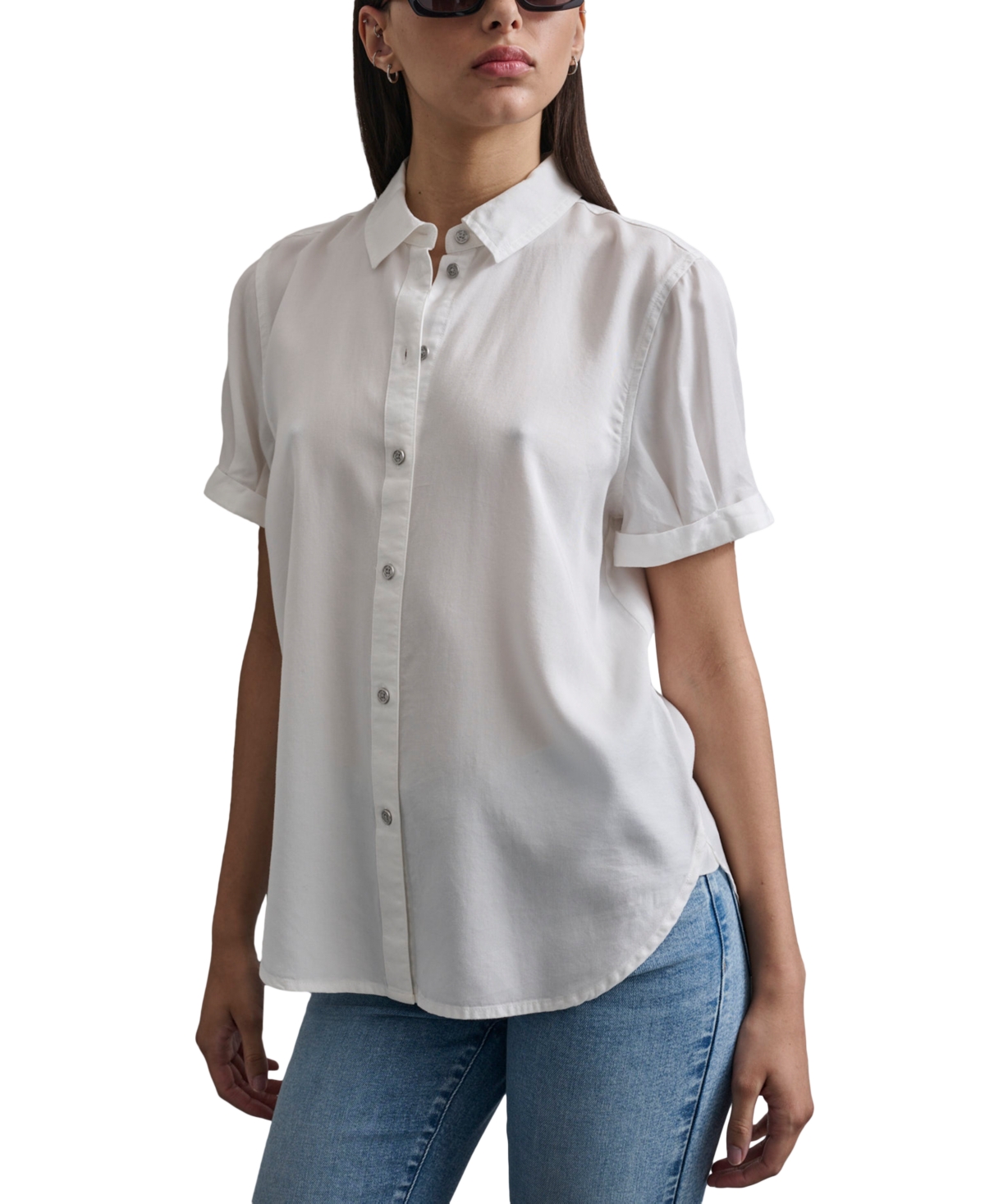 Dkny Jeans Petite Rolled Short-sleeve Button-up Shirt In White