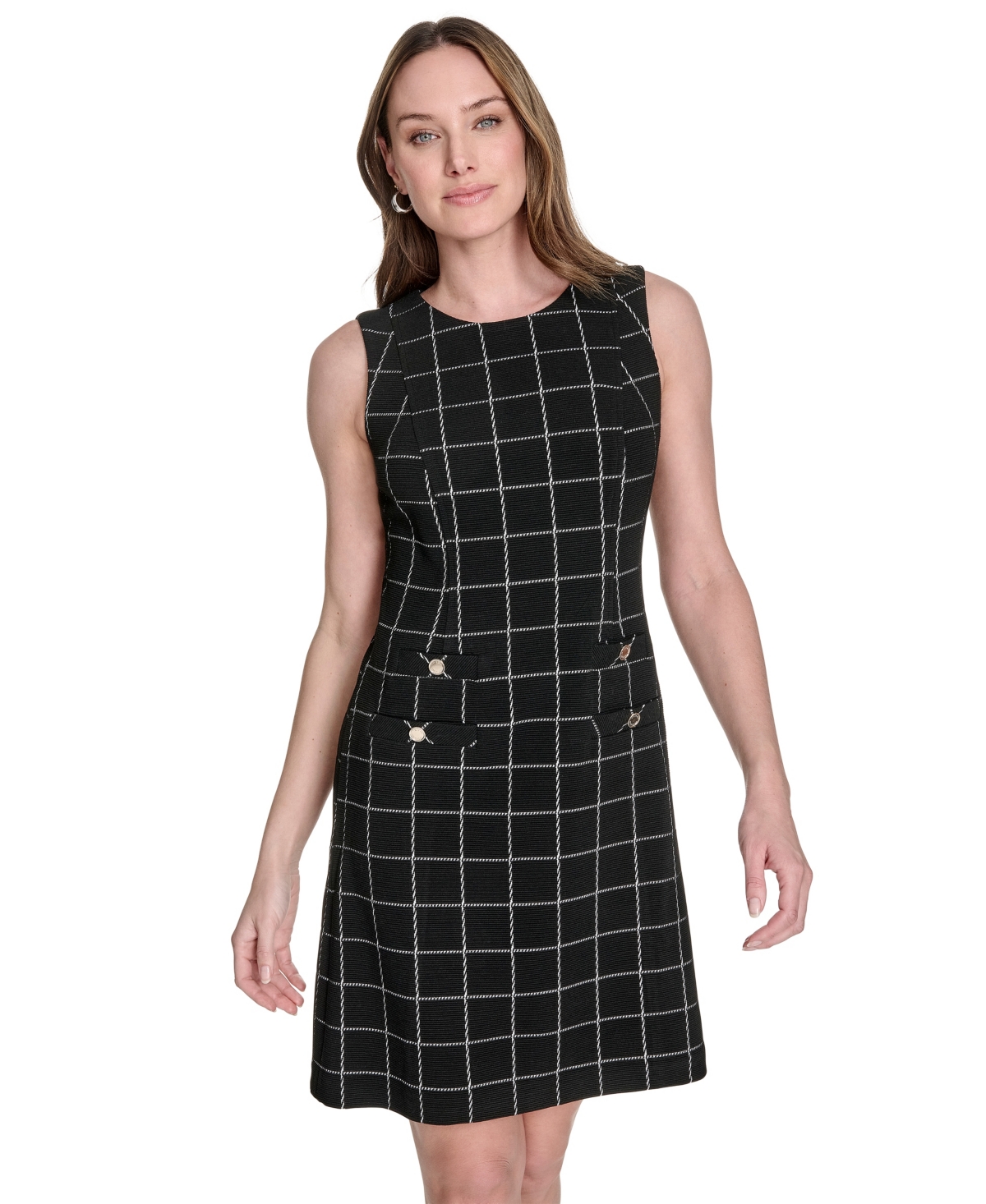 Tommy Hilfiger Petite Windowpane Sheath Dress In Black