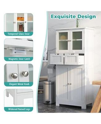 4 Door Freestanding Bathroom Floor Storage Cabinet with 2 Drawers and Glass Doors