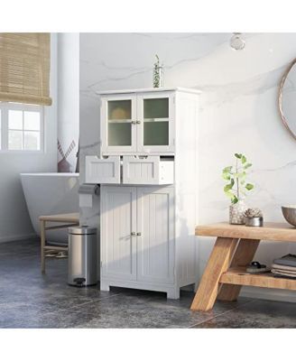 4 Door Freestanding Bathroom Floor Storage Cabinet with 2 Drawers and Glass Doors