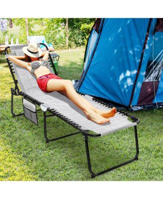 Folding Chaise Lounge Portable Lay Flat Reclining Chair w/ 4-Level Backrest Side Pocket