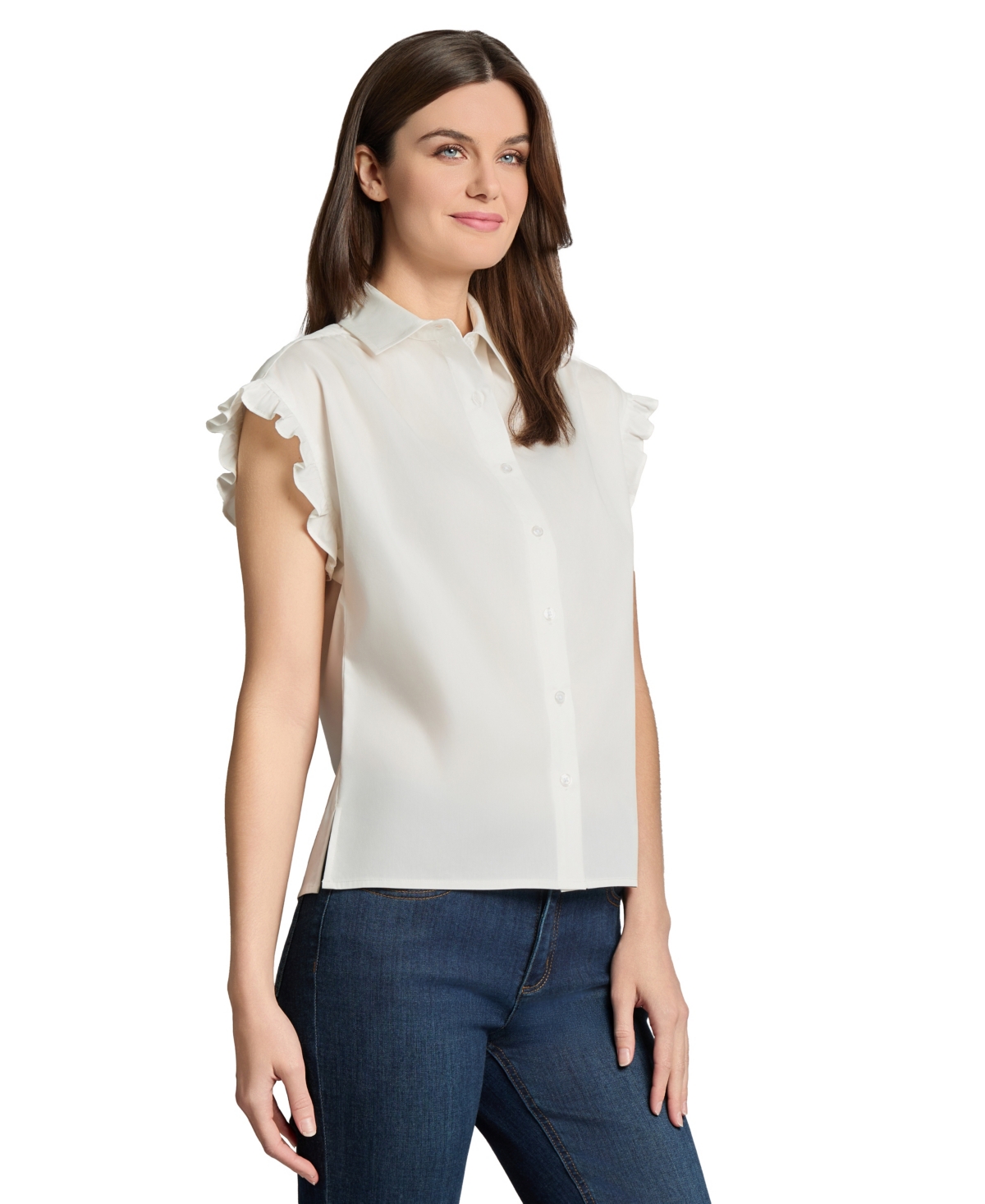 Jones New York Petite Drop Shoulder Button Front Top In White