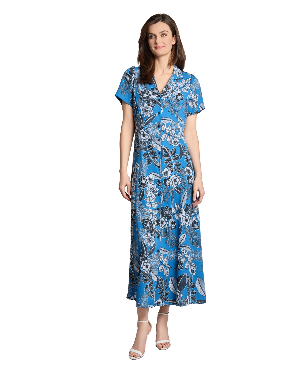 Petite Short Sleeve Maxi Shirt Dress - Mystic Blue Multi