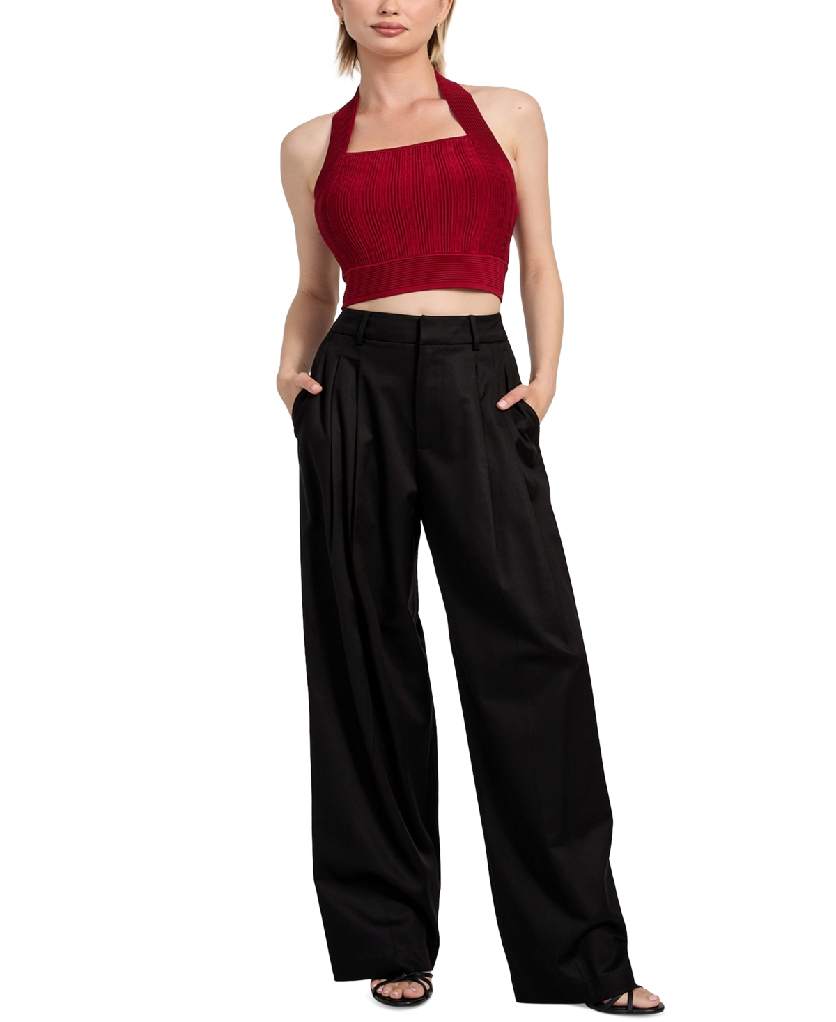Guess Sofie Rib Crop Halter Top In Red