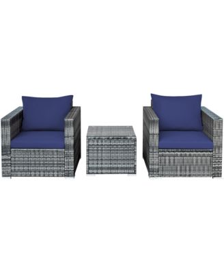 3PCS Rattan Patio Conversation Furniture Set Outdoor Yard w/ Navy Cushion
