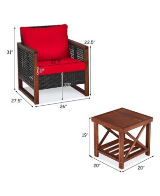 3PCS Rattan Wicker Patio Conversation Set Outdoor Furniture Set w/ Red Cushion