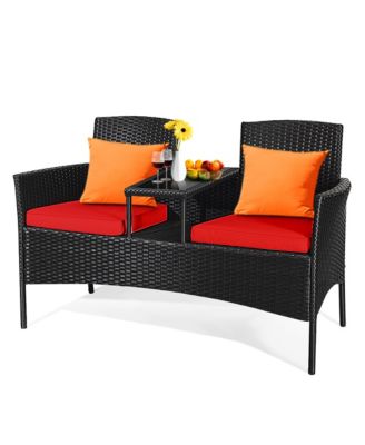 Rattan Wicker Patio Conversation Set w/ Table Red Cushion