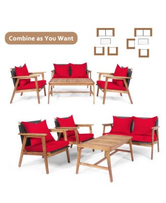 4PCS Patio Conversation Set Wood Frame Furniture Set w/ Red Cushions