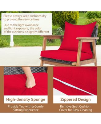 4PCS Patio Conversation Set Wood Frame Furniture Set w/ Red Cushions