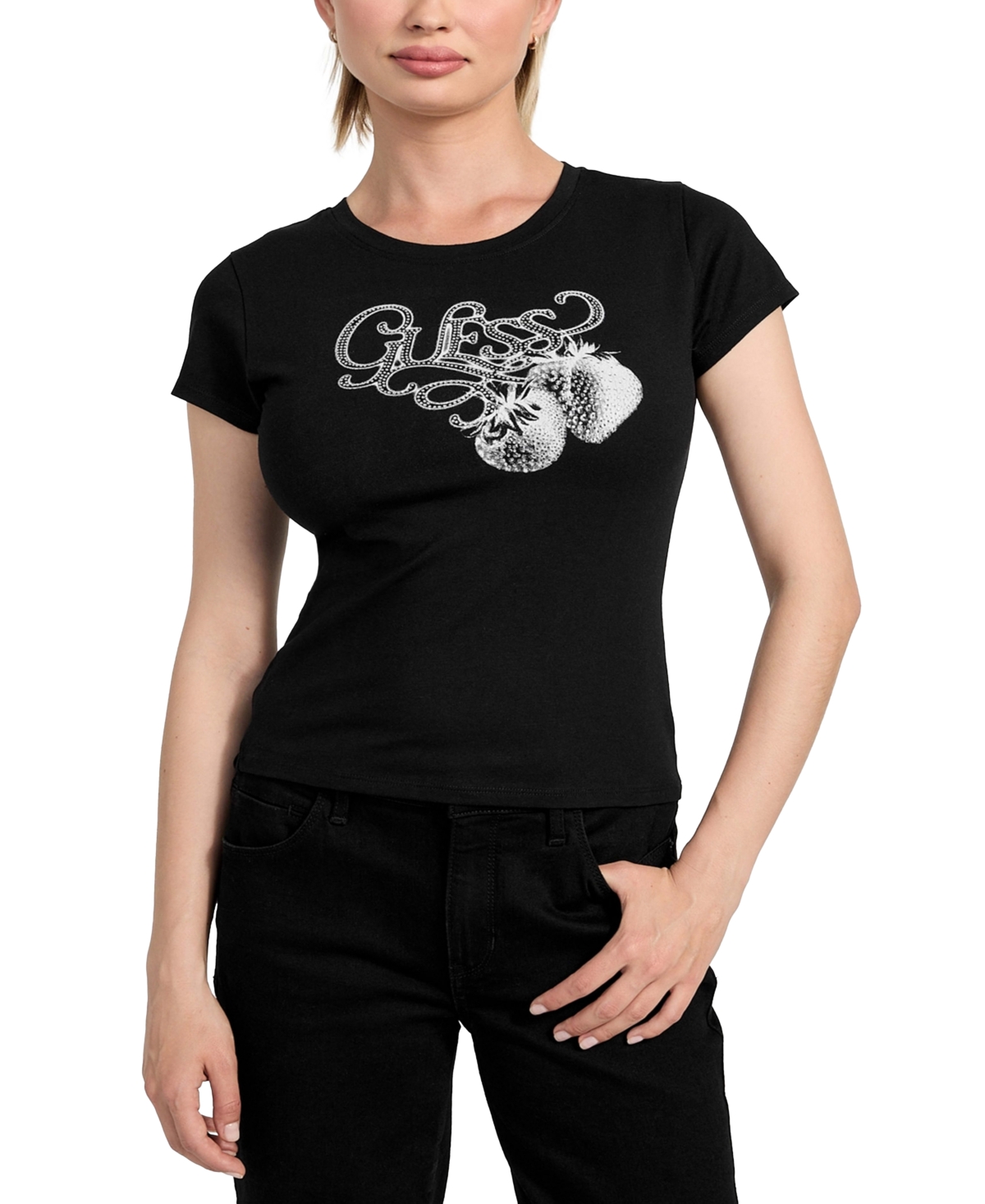 Guess Women's Embellished Strawberry Short-sleeve T-shirt In Black