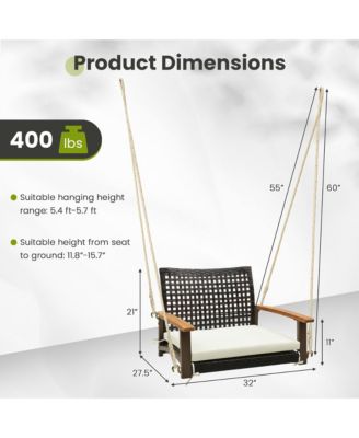 Rattan Porch Swing Patio Wicker Single Hanging Seat w/ Seat Cushion & Acacia Wood Armrests