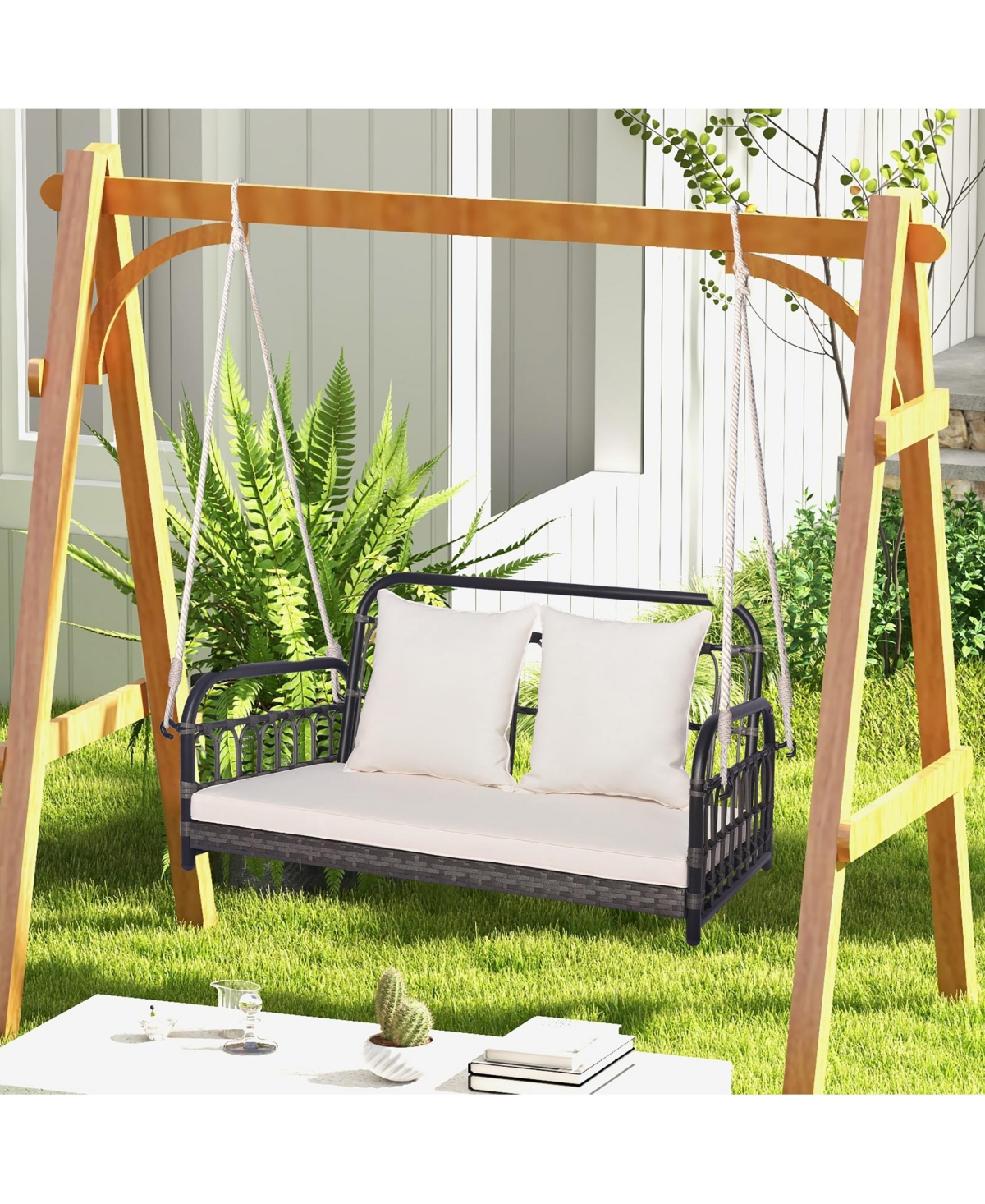 Gymax Outdoor Wicker Porch Swing 2-Person Hanging Seat w/ Seat & Back Cushions Backyard