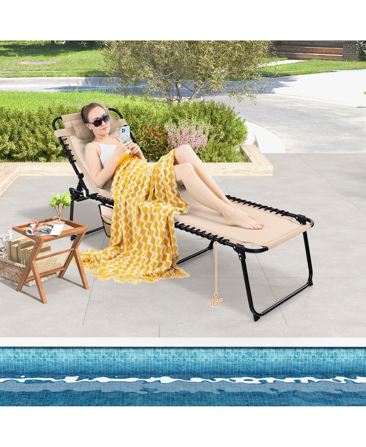 Gymax Patio Folding Chaise Lounge Portable Lay Flat Reclining Chair w/ 4-Level Backrest Side Pocket