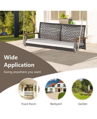 2-Seat Rattan Porch Swing Chair Outdoor Wicker Swing Bench W/ Seat Cushion Red