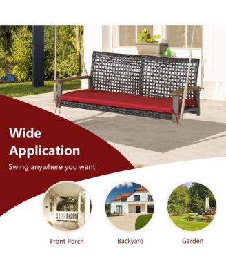 2-Seat Rattan Porch Swing Chair Outdoor Wicker Swing Bench W/ Seat Cushion Red