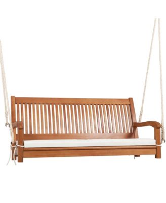 2-Seat Patio Hanging Wooden Porch Swing Bench w/ Cushion & Hanging Ropes