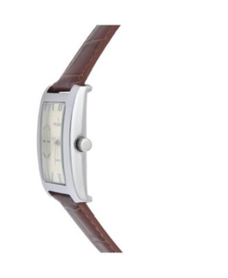 Men's 30X40mm Silver Tank Shape Watch with Textured Dial Brown Leather Strap