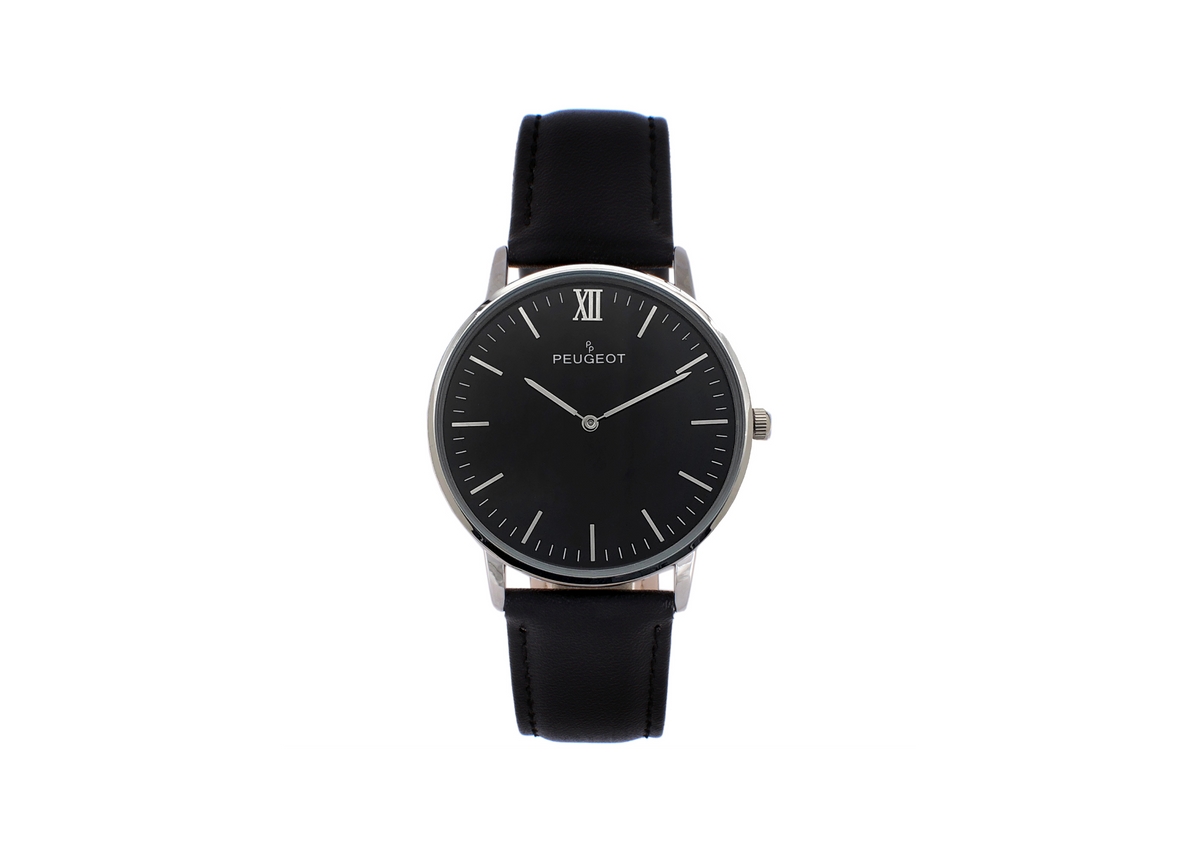 Men's 40mm Black Dial Silver Super Slim Case Leather Strap Watch