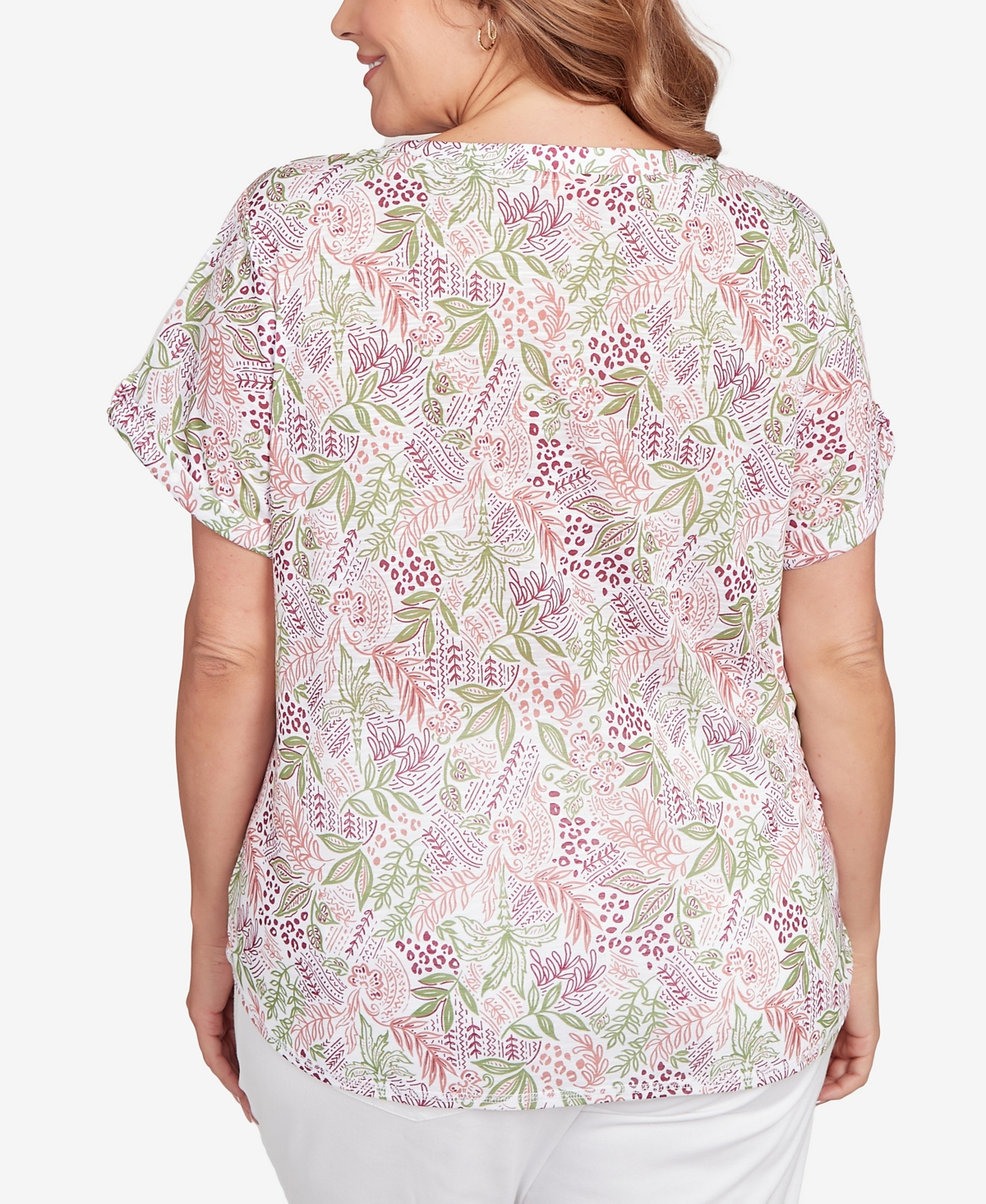 Hearts Of Palm Plus Size Embellished Garden Print Slub Top