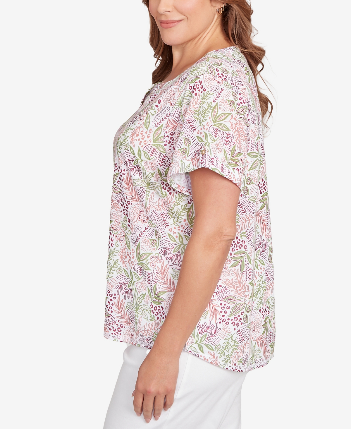 Hearts Of Palm Plus Size Embellished Garden Print Slub Top